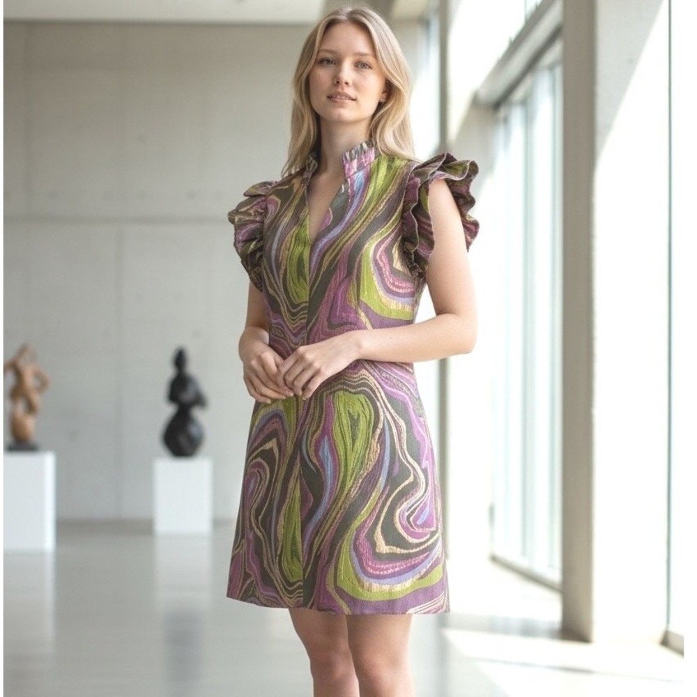 Jodifl Metallic Swirl Mini Dress M Green Pink‎ Ruffle Sleeve Jacquard Maximalist